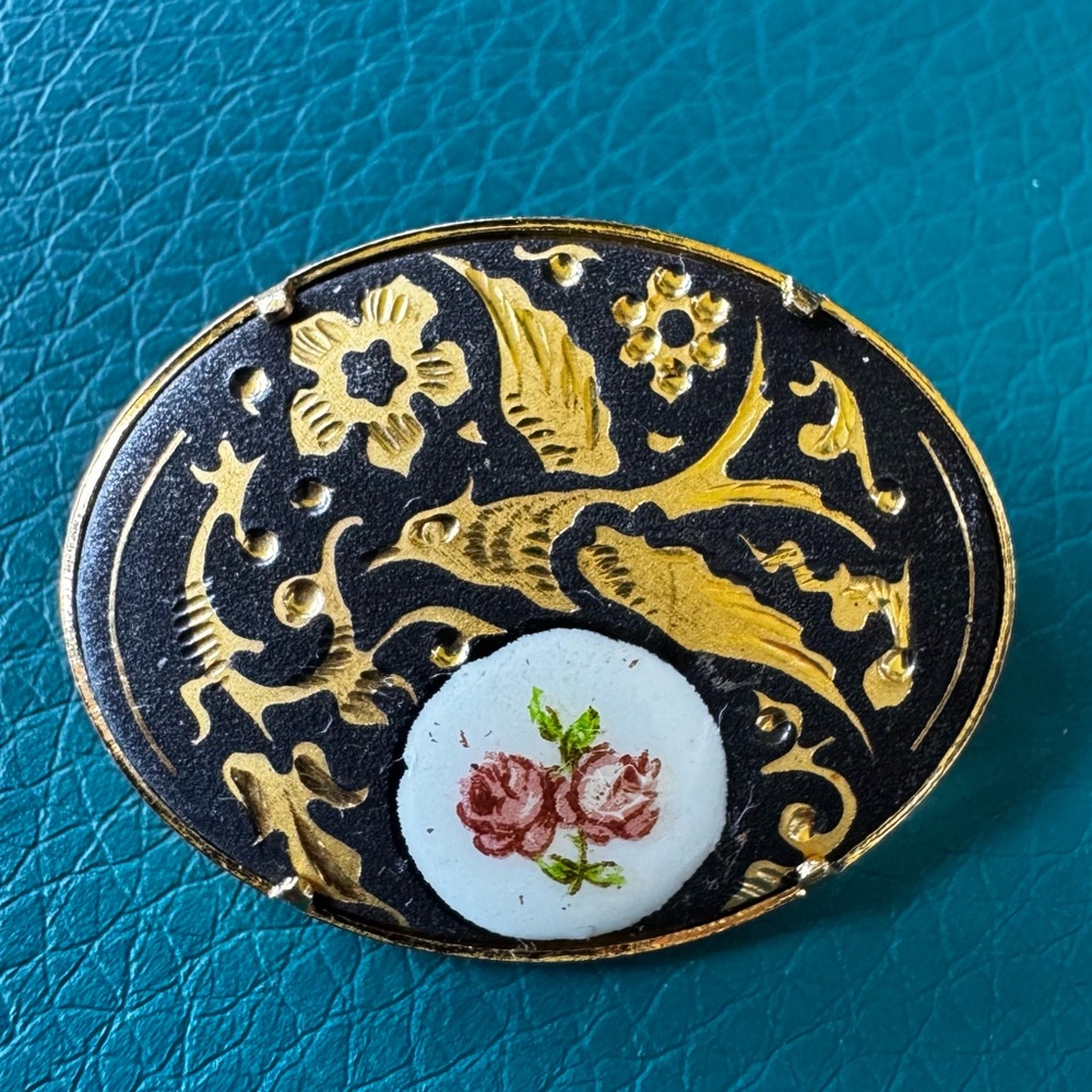 Vintage Damascene Bird Flower Brooch with Rose Guilloche Enamel